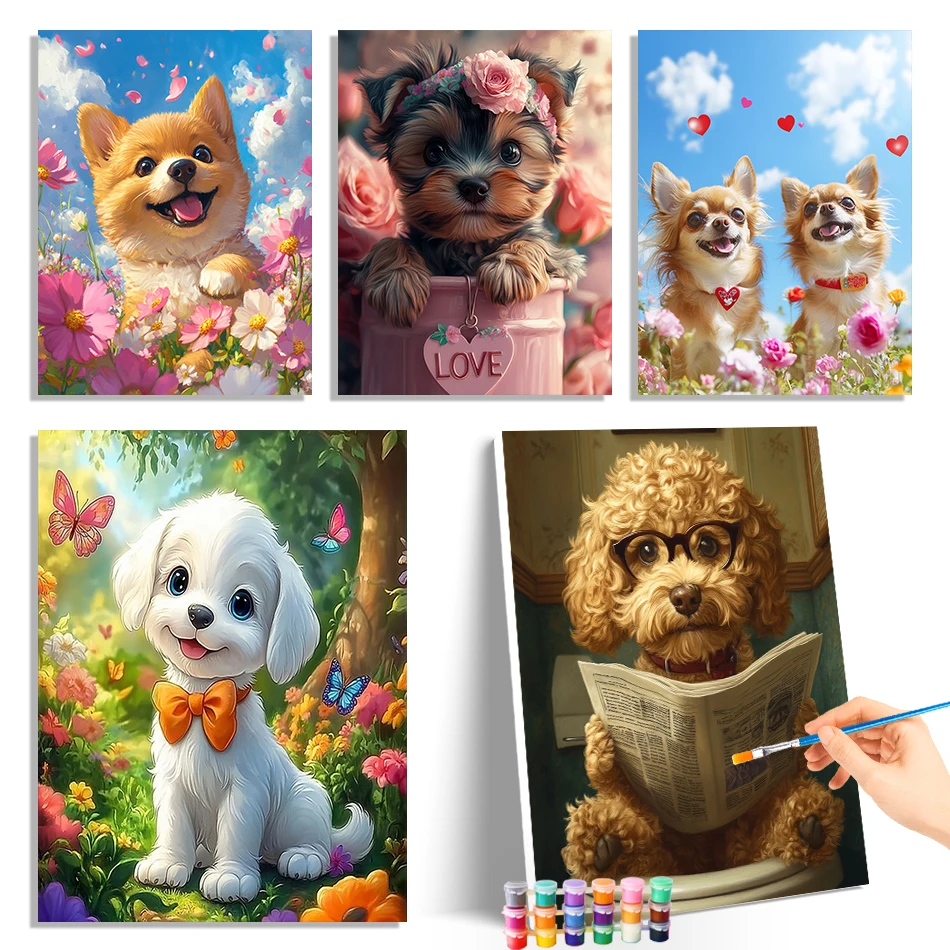 

GATYZTORY Canvas Painting By Numbers Cute Dog Oil Handmade Diy Arts Crafts Paint Kit Picture Drawing Acrylic Paints Decorative