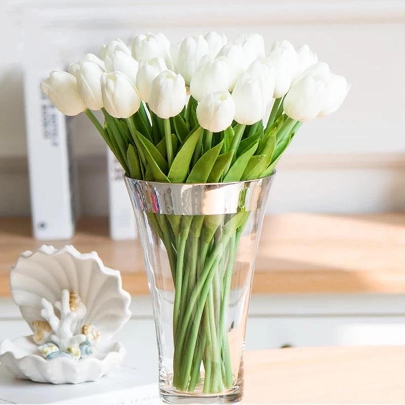 10Pcs 33cm White Tulip Artificial Flower PU Real Touch Tulip Flowers for Living Room Bedroom Home Decor Wedding Decoracion