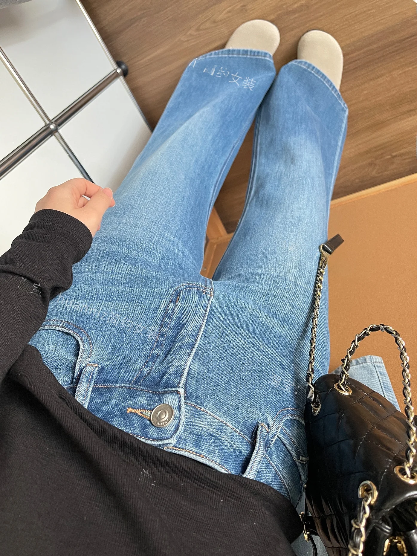 

High Waist Flared Jeans Women's Spring Blue Denim Supermodel Slimming Pants Casual Sle High Elastici Straight Leg Trousers