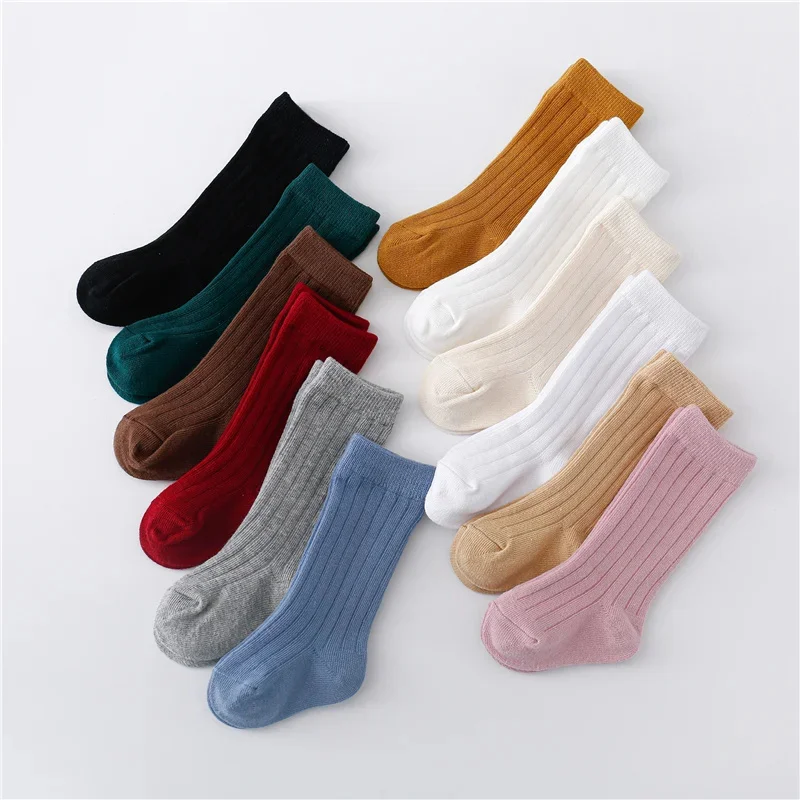 0-5Years Baby Boys Girls Long Socks Cotton Solid Color Striped Soft Kids Knee Children\'s stocking School Sport Baby Sock 12Color