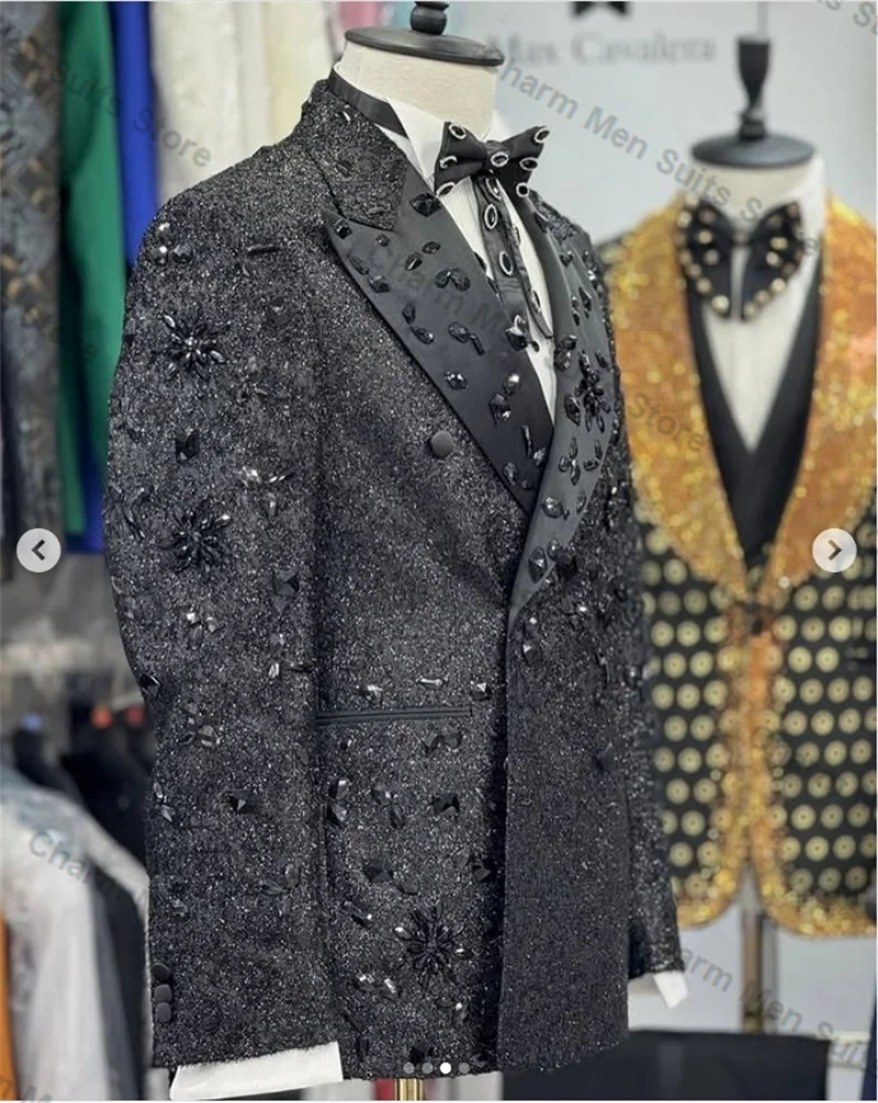 Shiny Black Men Suits Pants Set 2 Pieces Beaded Blazer+Trousers Customized Wedding Tuxedo Formal Office Wedding Prom Jacket