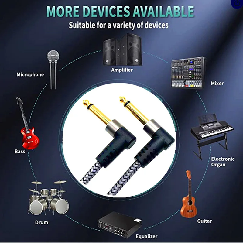 6.35mm Large 2-Core Audio Cable, Nylon Braided Guitar Effect Connector, Monaural Effect Connector, Short Cable