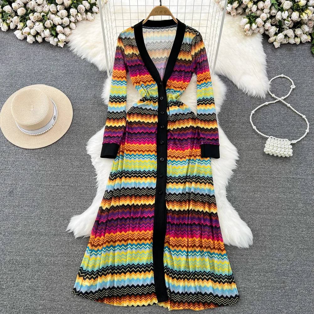 Runway Fashion V-neck Rainbow Color Striped Long Maxi Dresses Women Vintage Long Sleeve Mesh Sunscreen Beach Dresses