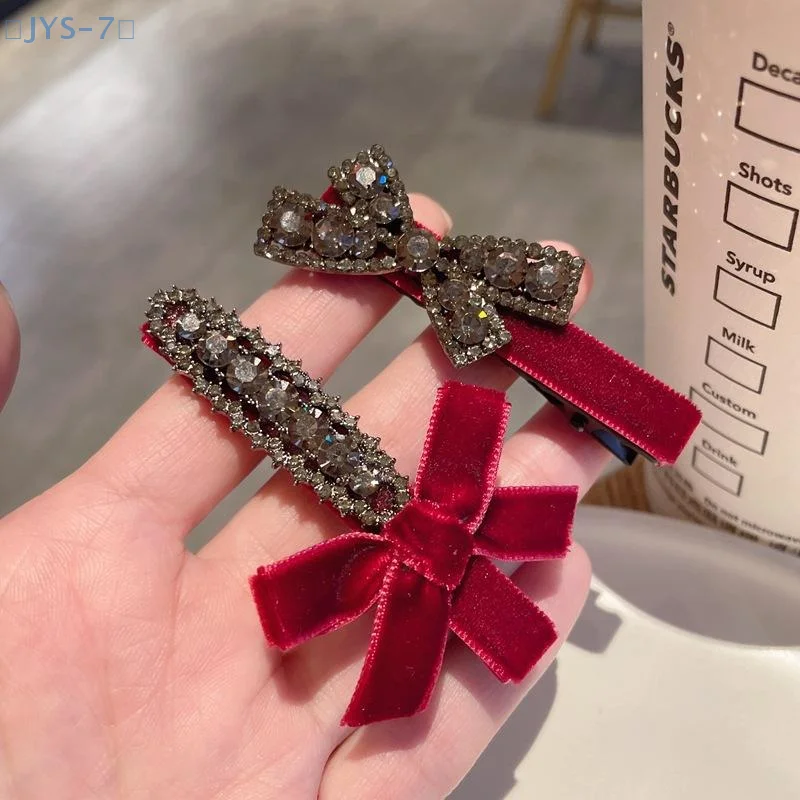 【JYS-7】2 قطعة الأحمر الأسود المخملية القوس حجر الراين مشبك شعر المرأة السنة الجديدة جو الرجعية منقار البط كليب موضة إكسسوارات الشعر #4