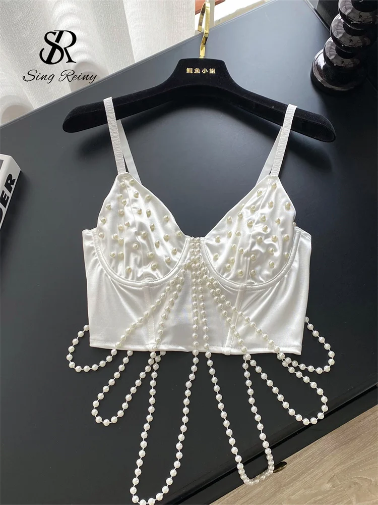 

Мини-майка SINGREINY с жемчугом и бисером, высокое качество, тонкий дизайн без рукавов, сексуальная короткая майка с кисточками и открытой спиной, вечерние топ