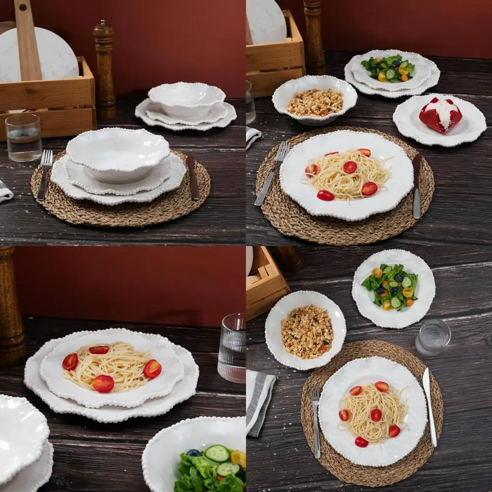 

Elegant 12-Piece Melamine Dinnerware Set with Scalloped Edges - Shatterproof, Dishwasher Safe for Indoor and Outdoor Use