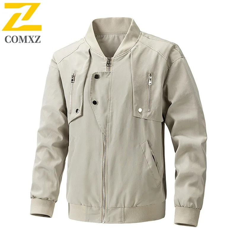 

COMXZ 2025: мужская винтажная рабочая одежда, куртка в американском стиле с воротником-стойкой, свободная посадка, повседневное однотонное уличное пальто с заклепками
