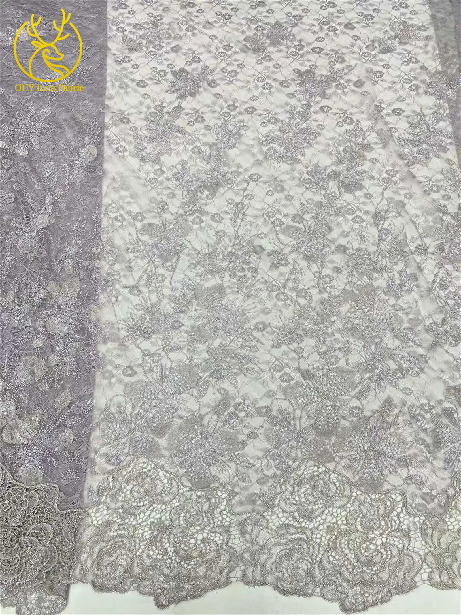 Afrikanischer nigerianischer Brautkleidstoff mit Perlen und Spitze 2026 – Hochwertige Pailletten-Stickerei auf französischem Tüllnetz für Hochzeitskleider zum Nähen, 5Y – Detail 9