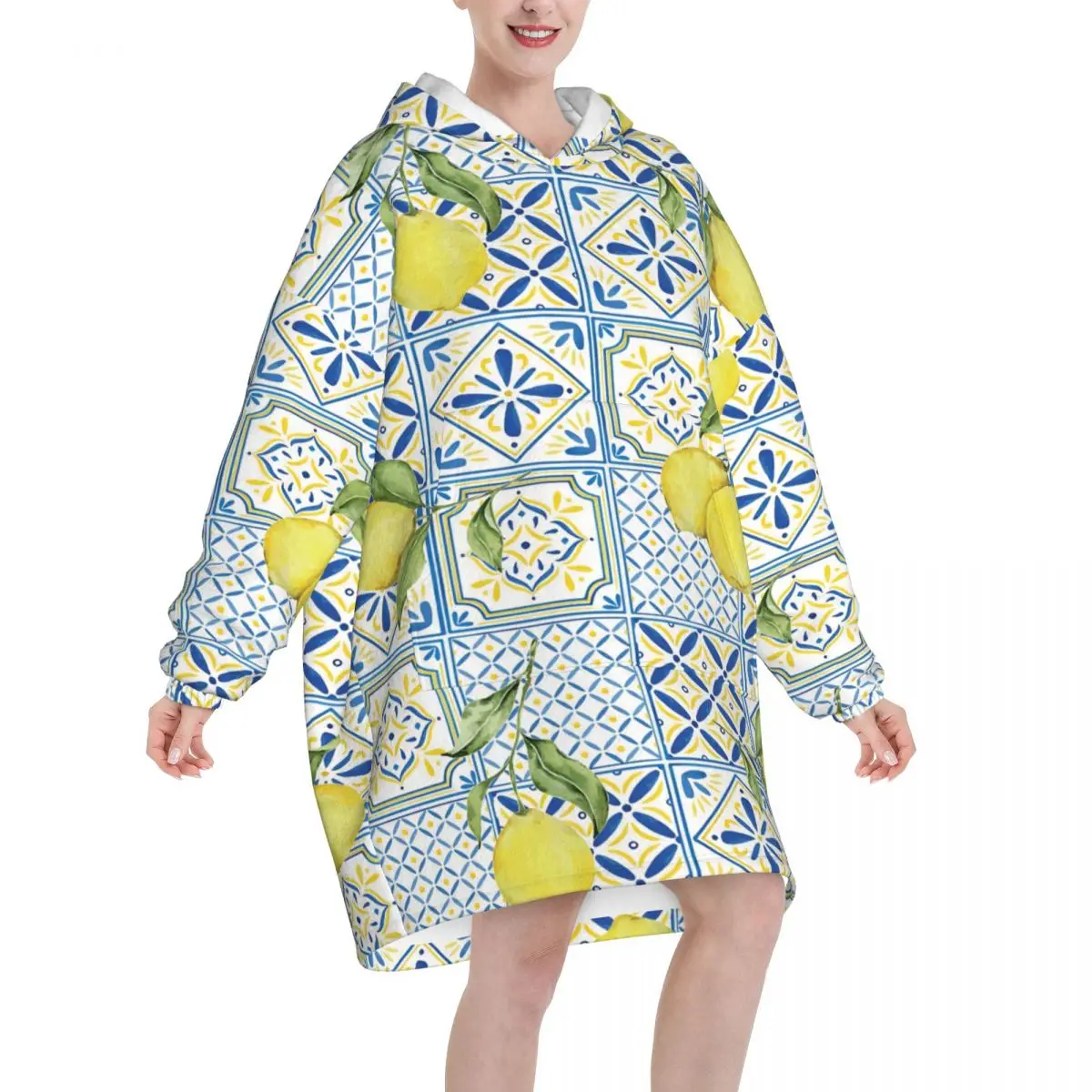 Lemon Sicily Rectangle Blanket Hoodie Wearable Blanket Oversize with Pocket Warm Sleeping Bag Soft Cozy Onesie