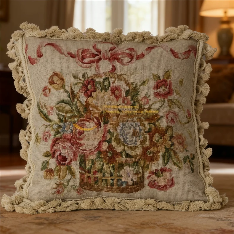 

Шерстяная двухсторонняя наволочка с вышивкой - цветочный чехол в китайском стиле, вставка в комплект не входит