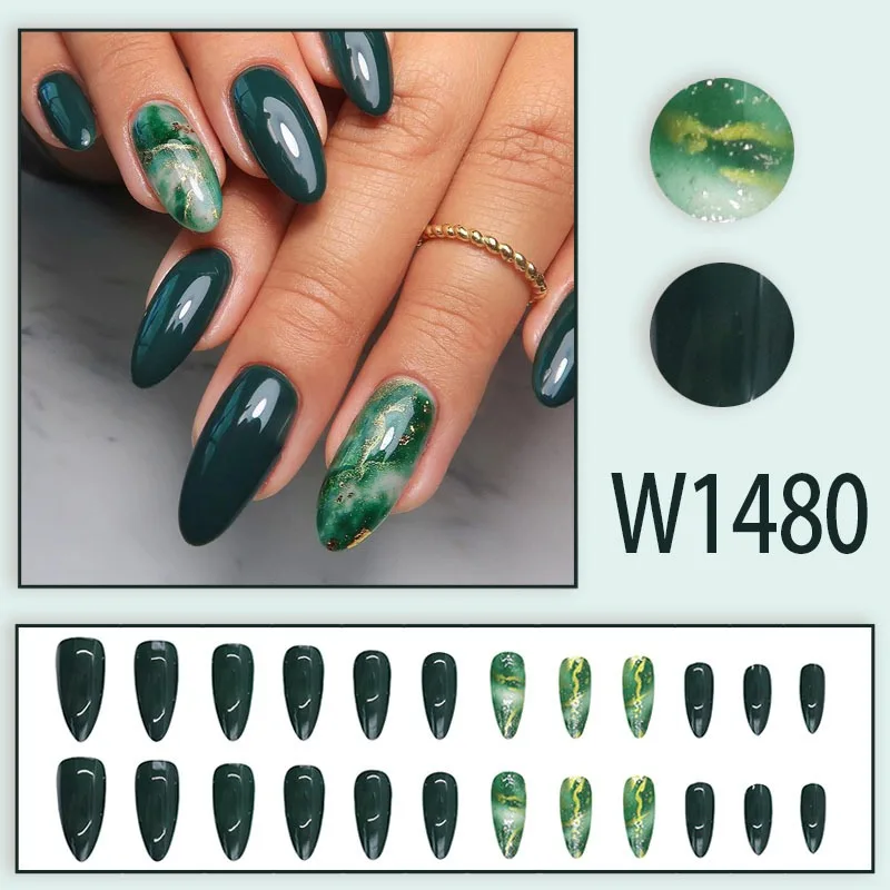 24 قطعة من الأظافر المزيفة باللون الأخضر الداكن للفتيات، طرف أظافر صناعية لاصق قابل لإعادة الاستخدام مع غراء متضمن ضغط أكريليك متوسط الطول على الأظافر