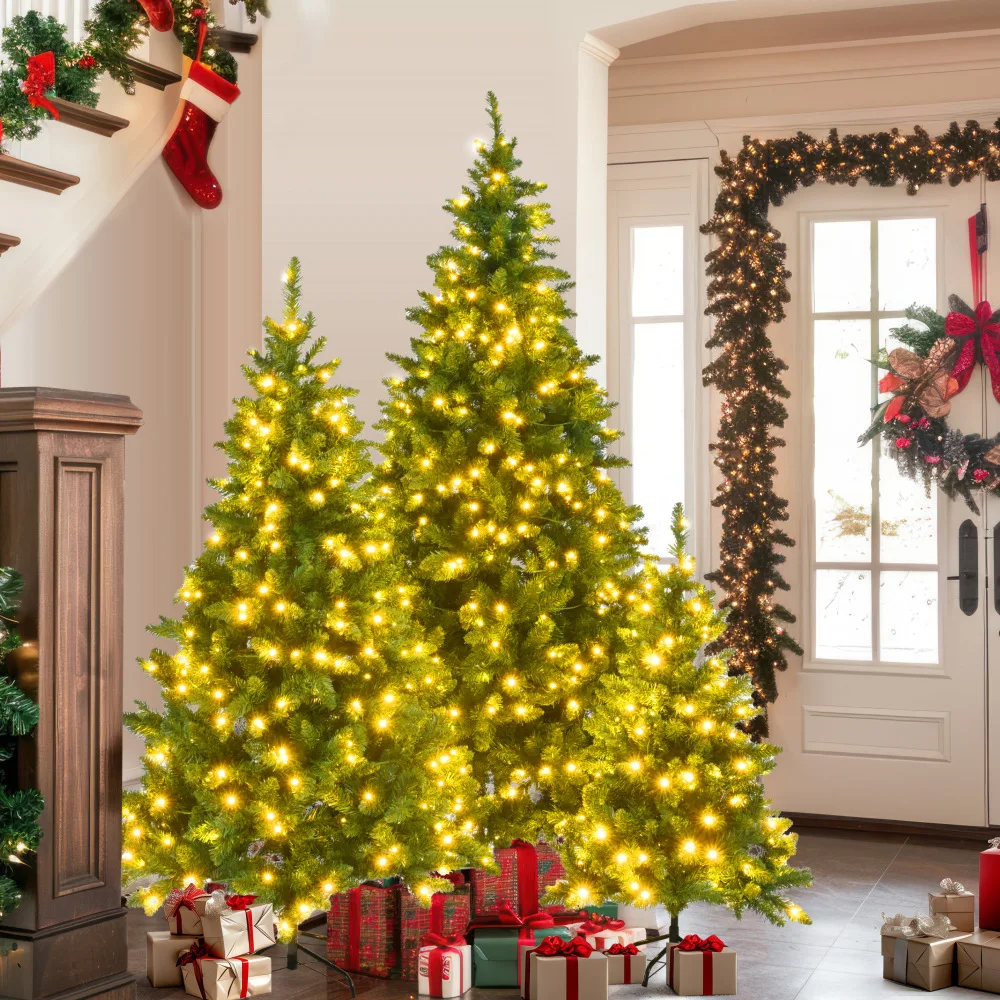 8FT, 6FT, 4FT Pre-Lit Green Pine Trees Set of 3, 820 Warm-Yellow LED Lights, 2539 Tips. Hinged for Easy Setup. Ideal for Home.