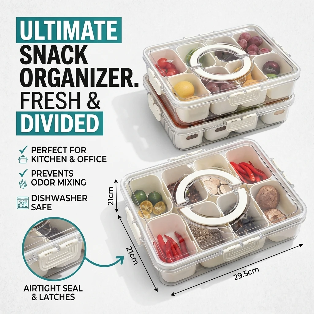 Divided Snack Box Container with Lid and Handle, 8 Compartment Portable Snack Tray Organizer, Clear Snackle Box for Charcuterie, Candy, Fruit, Veggies, Food Storage for Travel, Picnic, Party, Home