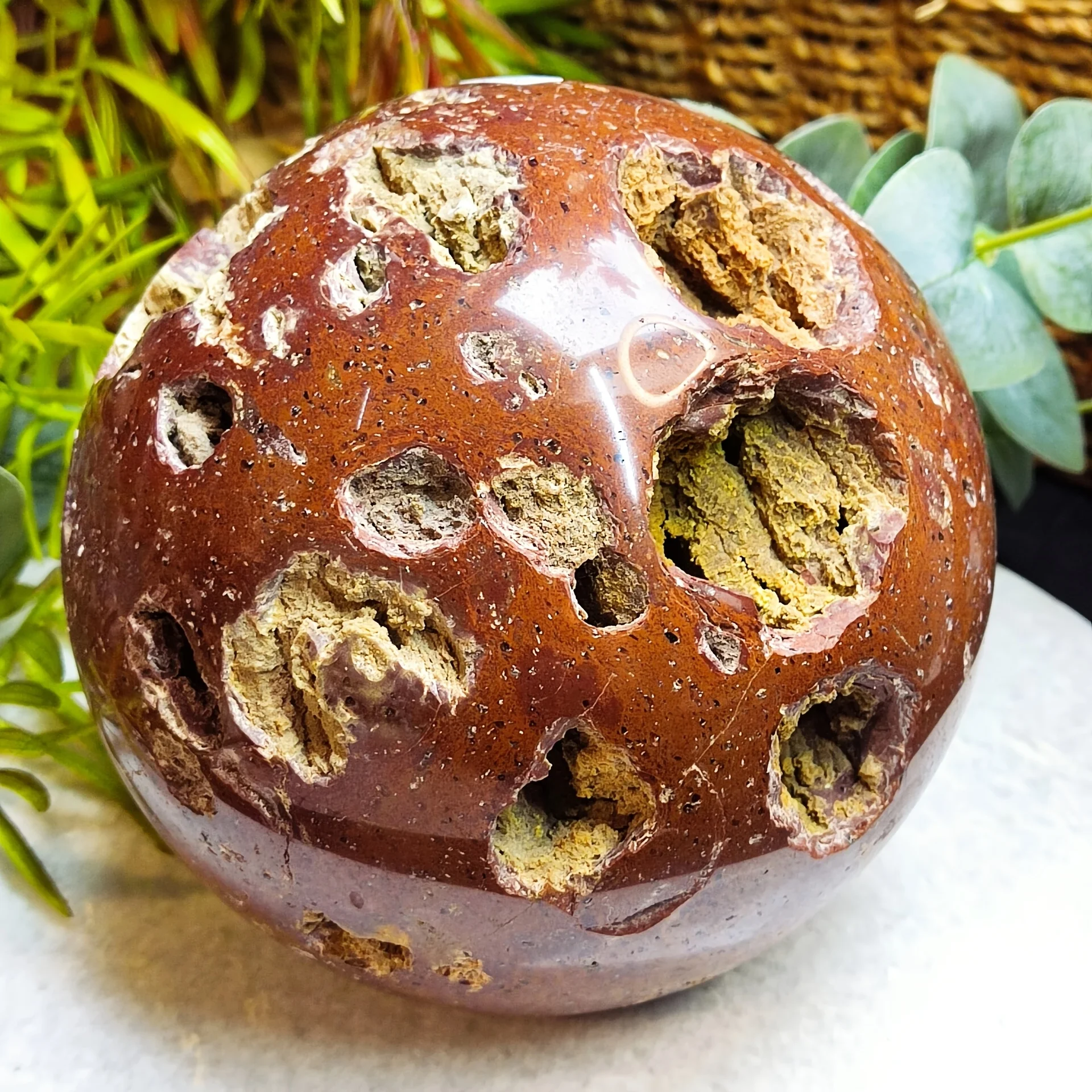 

1pc Natural Hole Red Fox Agate Sphere, Unique Polished Gemstone Ball, Home Decor, Perfect Gift for Mother's Day, Valentine's Day