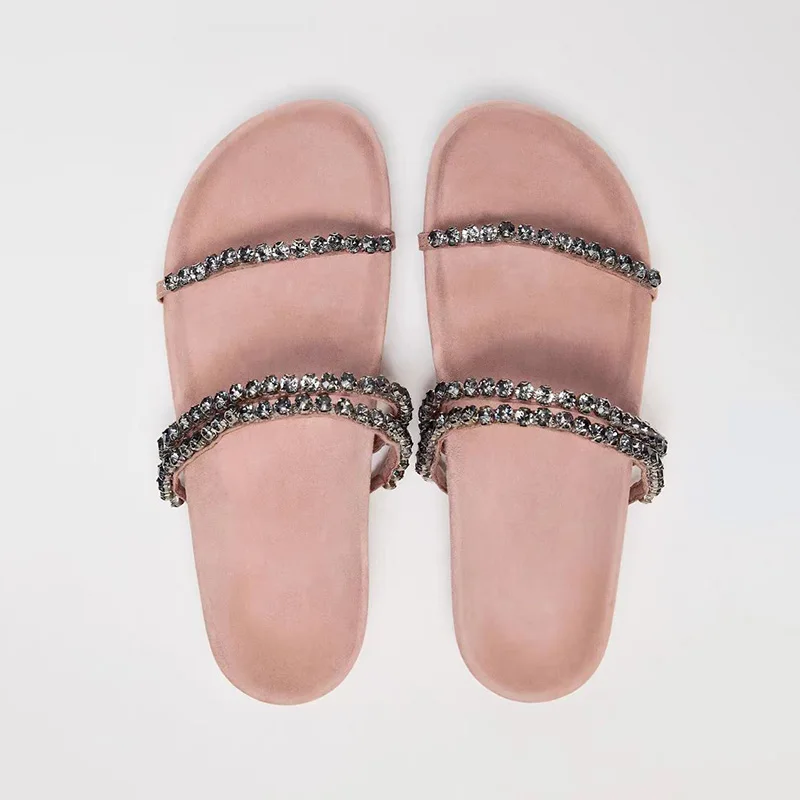 TRAF Rhinestone Line Flatform Slippers For Woman Outdoor Round Head Open Toe Thick Sole Sandals Women Soft Rough Insole Shoes