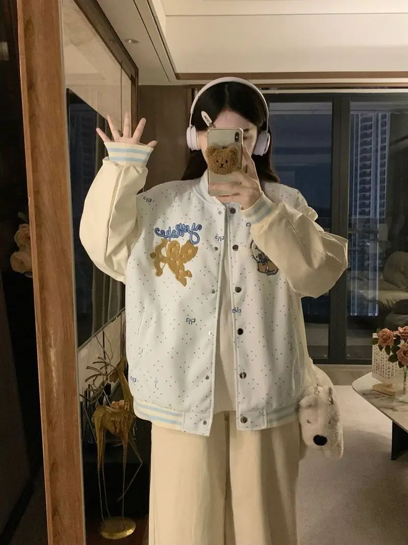 

Loose Fit Baseball Jaet Women's Winter Korean Sle Lazy Dot Pattern Embroidery Design Casual ort Outerwear Coat