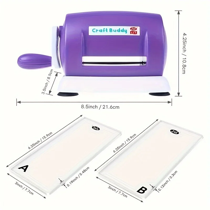 Purple embossing machine, 1 die cutting machine with 2 back panels, foldable extended platform cutting machine