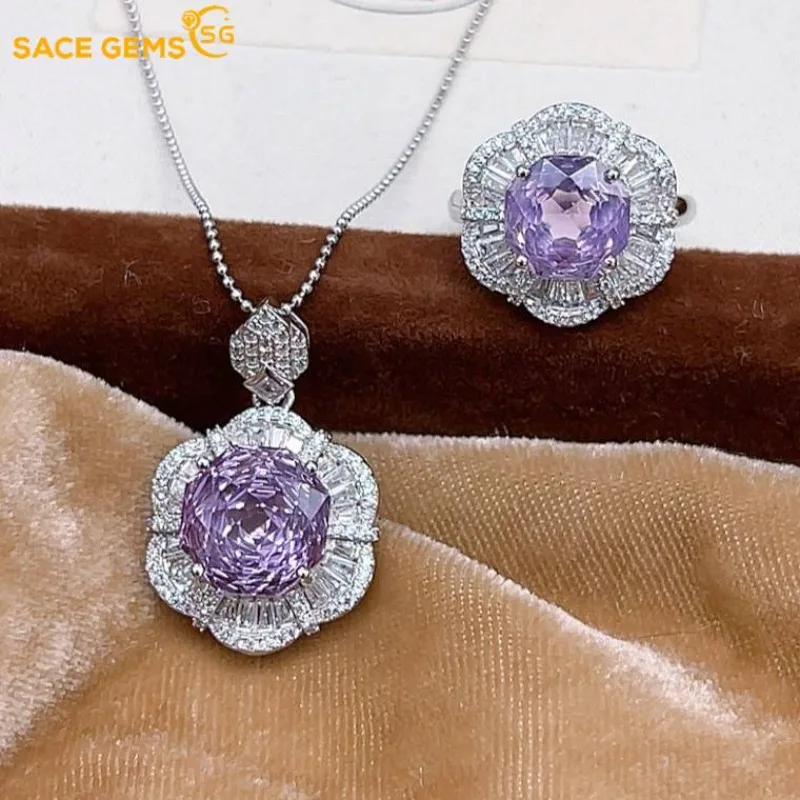 

SACEGEMS 12MM Natual Lavender Crystal 925 Sterling Silver Rings Pendant Set for Women Engagement Cocktail Party Fine Jewelry Set