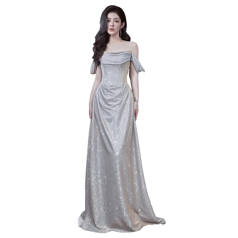 2024 New Sequins Shiny Party Dress Women Luxury Sexy One Shoulder Waist Slim Long Dresses Elegant Evening Night Robe