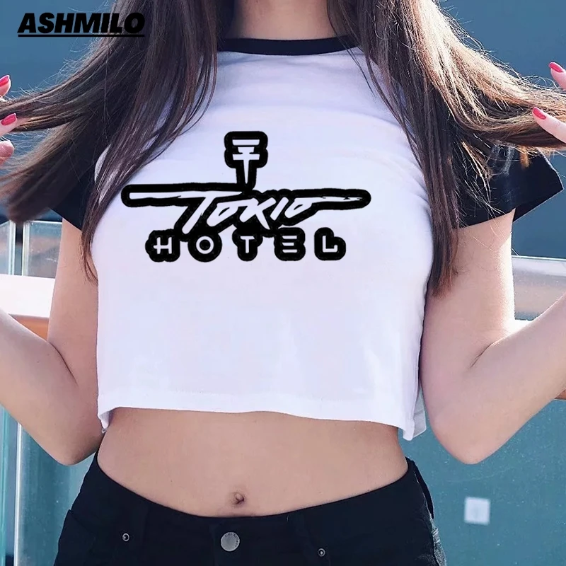 Y2k Fashion Woman Tokio Hotel Crop Top Woman Goth Vintage Tee Aesthetic Baby Tee StreetWear Short Sleeve Crop Top Tee