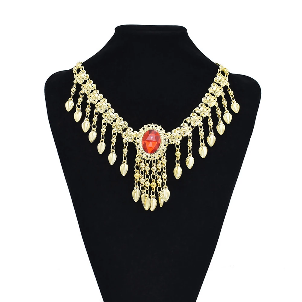 Traditional India Belly Dance Jewelry Sets Red Acrylic Crystal Bell Tassel Necklace Earrings Bracelet Hair Accessories for Women