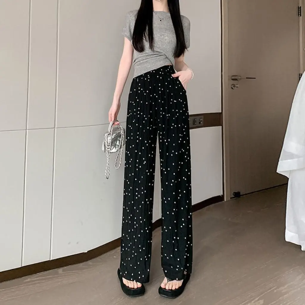 여성용 한국식 폴카 도트 야마모토 팬츠 하이웨이스트 스트레이트 와이드 레그 캐주얼 여름 얇은 아이스 실크 루즈핏 화이트