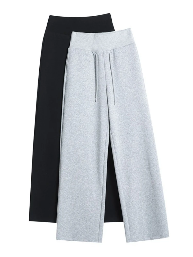 กางเกงวอร์มผู้หญิงทรงตรงเอวสูงสีเทาแบบมีเชือกผูก รุ่นใหม่ประจำฤดูใบไม้ร่วงปี 2025 ดีไซน์เรียบง่าย สวมใส่ได้หลากหลาย สไตล์ลำลอง สีดำ