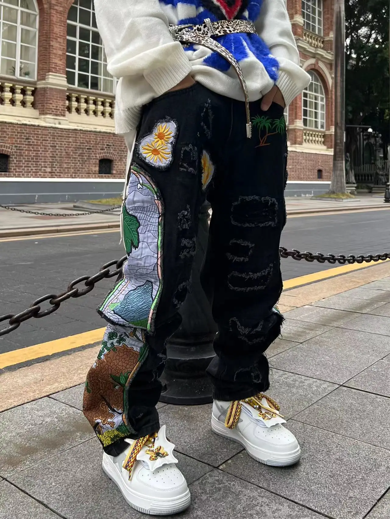 Harajuku bordado remendos calças jeans retas para masculino hip