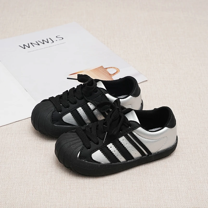 Toddler Boys Girls Shell Toe Sneakers Striped Decor Soft Flexible Non‑Slip Lace‑Up Casual Shoes For Daily Outdoor Wear