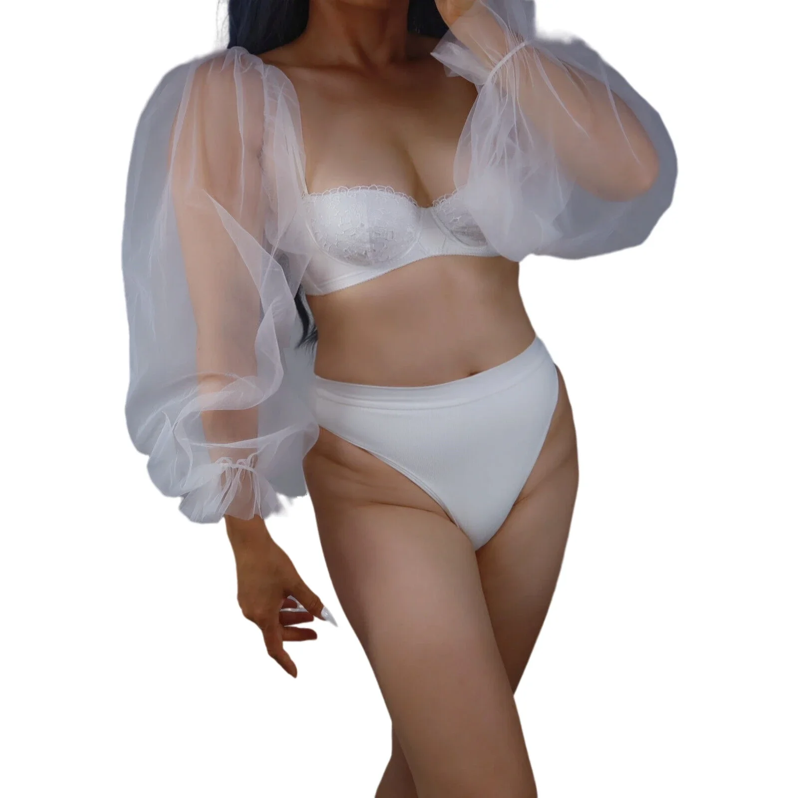 

DooWay Smoky Tulle Lace Sleeves Puff Elastic Wrist Long White Mesh Semi Sheer Fingerless Wedding Glove Party Dressing Evening