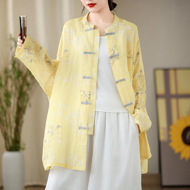 Retro Sle Button up Cotton Linen Print Long Sve Stand Collar Batwing irt Sun Protection Outerwear for plus Size Women