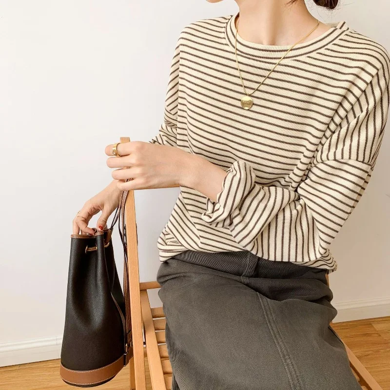 Spring Autumn Women's Clothing New Fashion Pullover Thin Casual New Striped Round Neck Sweater Loose Long Sleeve Large Tops