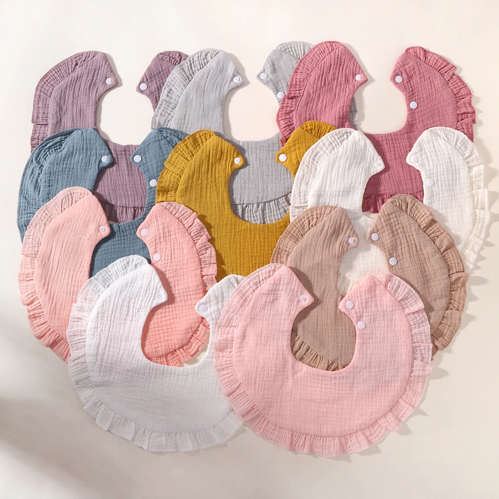 Cotton Gauze Ruffle Baby Bibs Solid Color Newborn Feeding Saliva Towel Bandana Boy Girls Snap Button Burp Cloth Baby Accessories