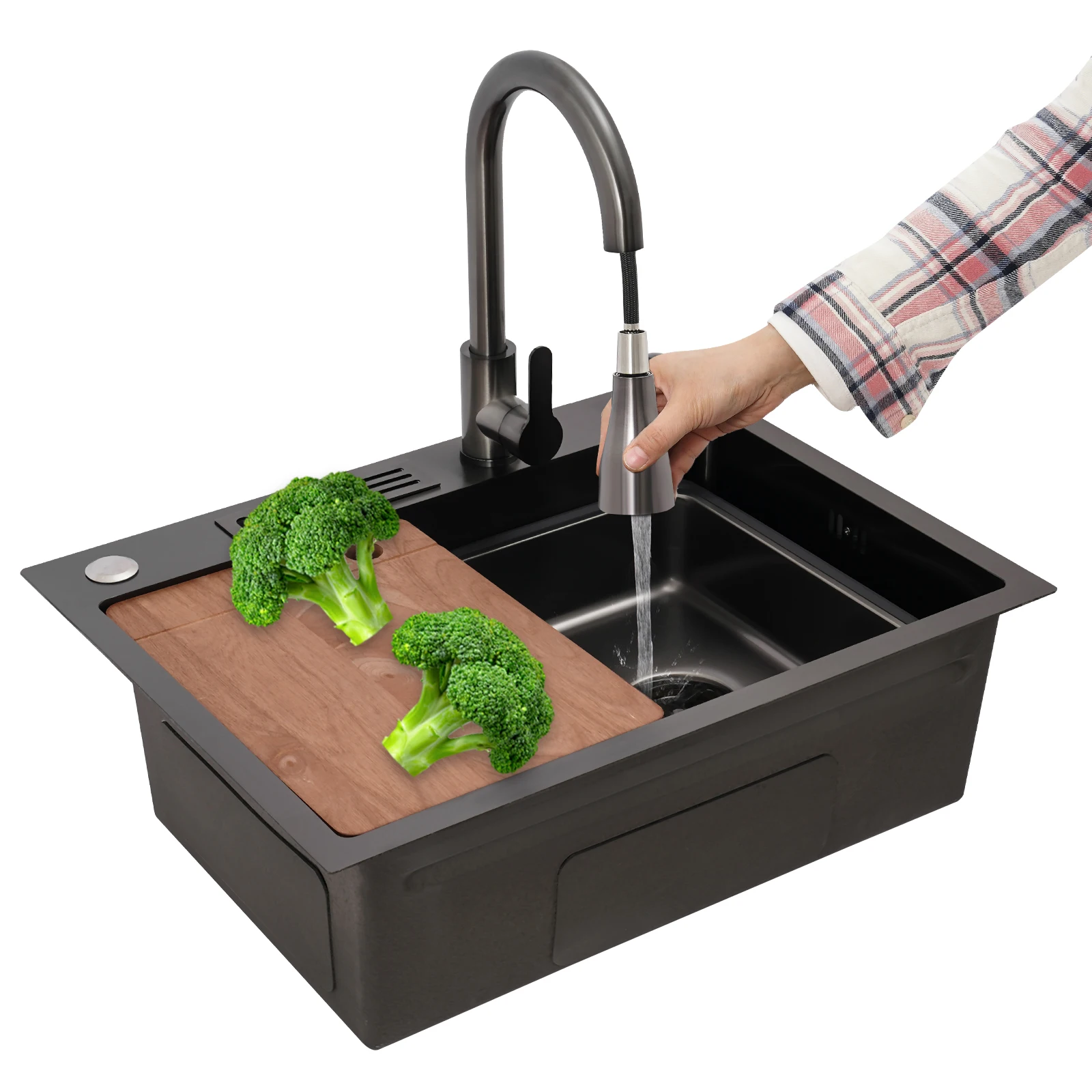 

Utility Sink Laundry Tub, Kitchen Sink 60x45cm Nano Black, Stainless Steel Sink with Pull Out Faucet, Knife Holder, 304 Grade, 3