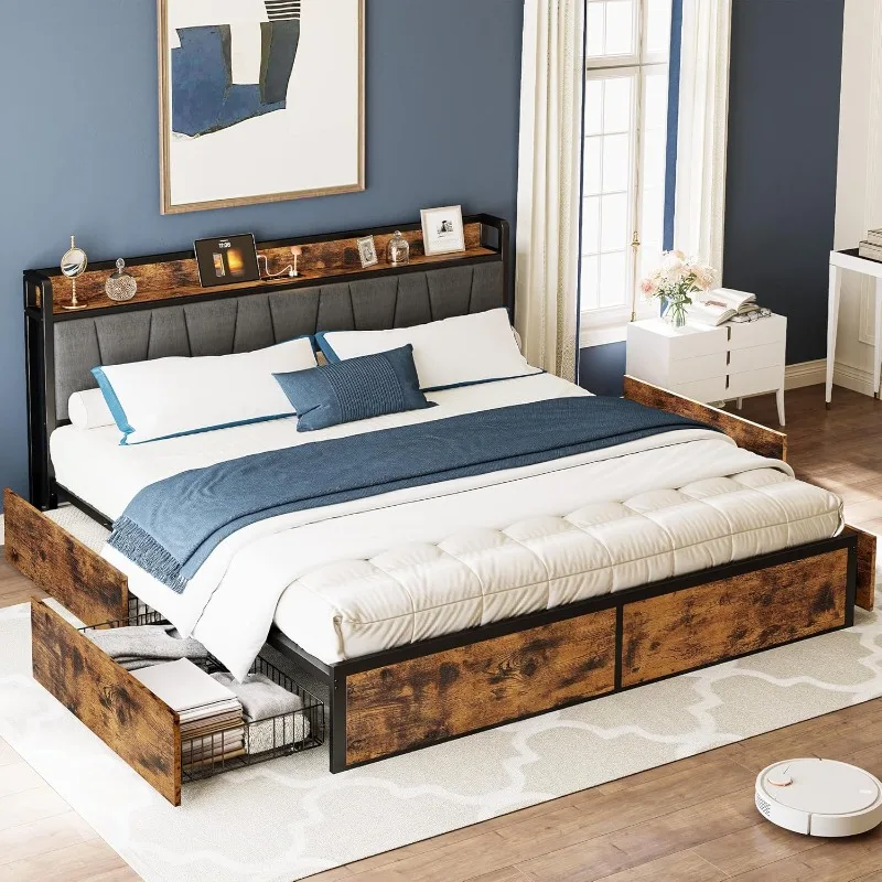 LIKIMIO California King Bed Frame with 4 Storage Drawers, Platform Bed with Charged Headboard, Sturdy and Stable, No Noise