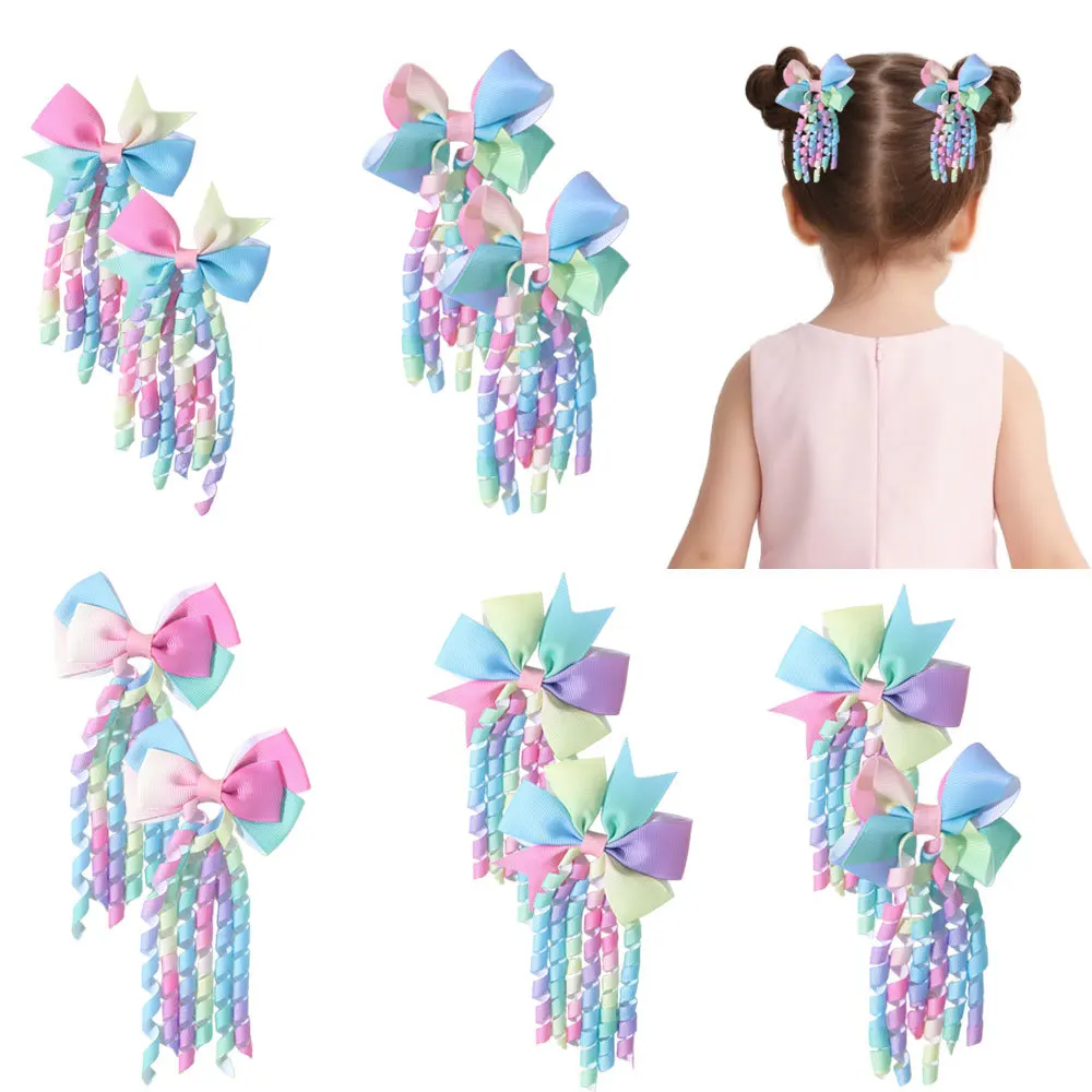 

Curly Flower Bow Hair Clip with Rainbow Gradient Tassel for Girls Ponytail Hair Accessory Baby Headbands for Girls