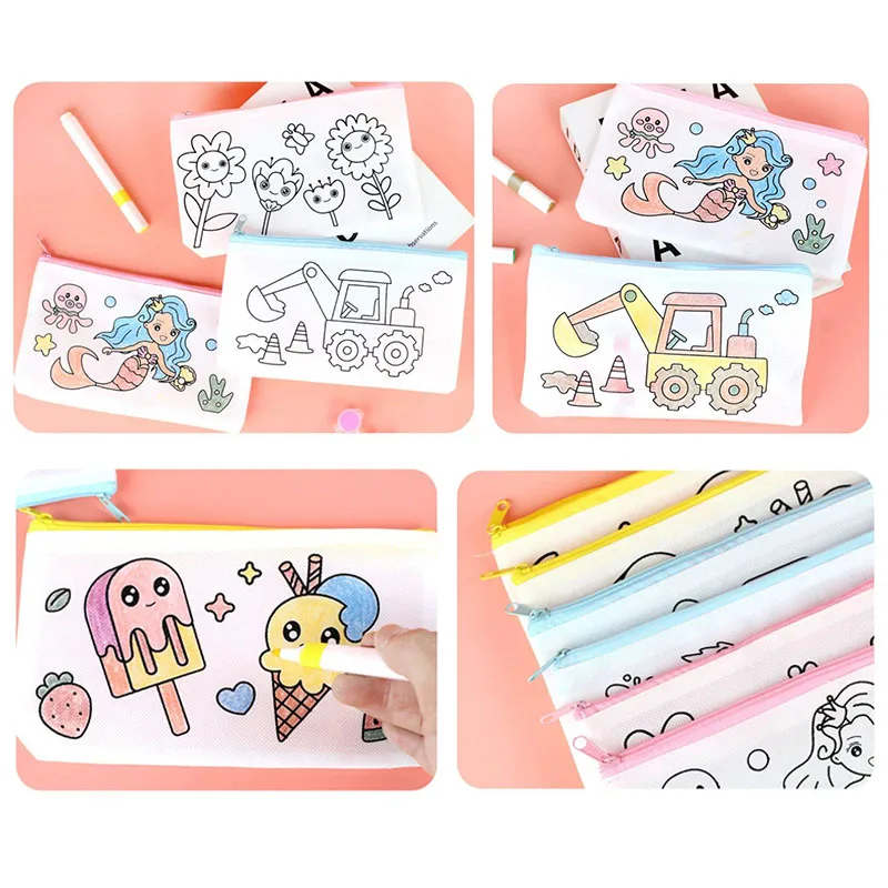 ตลก Graffiti เครื่องเขียนกระเป๋า DIY จิตรกรรมหัตถกรรมสําหรับเด็กน่ารักกระต่าย Mermaid นักบินอวกาศรถดอกไม้ปากกากระเป๋าของเล่น