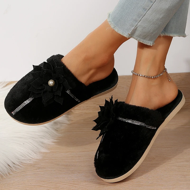 Fashion Flower Decor Furry Slippers Women Crystal Warm Fur Home Cotton Shoes Woman 2023 Winter Comfort Soft Sole Plush Slides