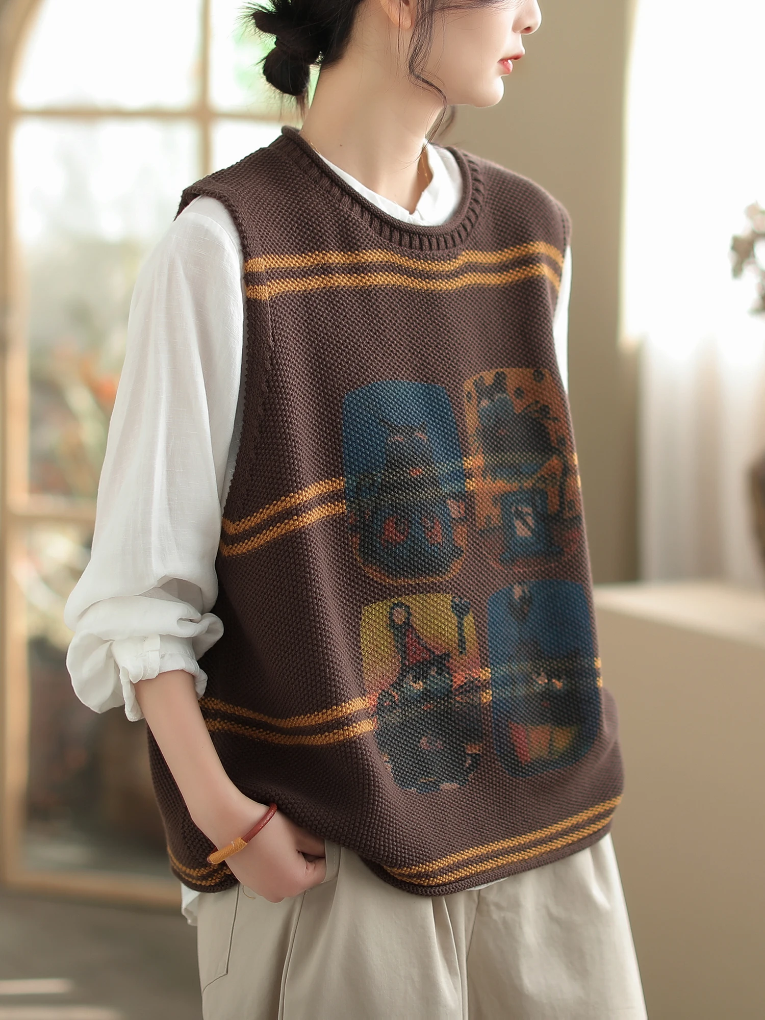 เสื้อกั๊กไหมพรมถักทรงหลวมสไตล์ลำลองสำหรับผู้หญิง ฤดูใบไม้ผลิ ฤดูใบไม้ร่วง รุ่นใหม่ ทรงเข้ารูป แฟชั่น