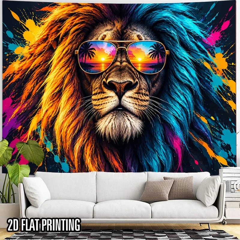 Cool Lion Portrait Tapestry, Vibrant Splash Ink Graffiti Wild Animal Wall Hanging, Art Tapestry for Dorm Bedroom Aesthetic