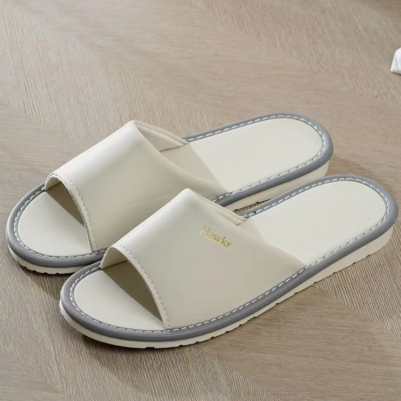 Women's New Four Seasons Leather Slippers Soft Sole Non Slip Open Toe Home Slippers Easy To Clean Light Wood Floor Slippers