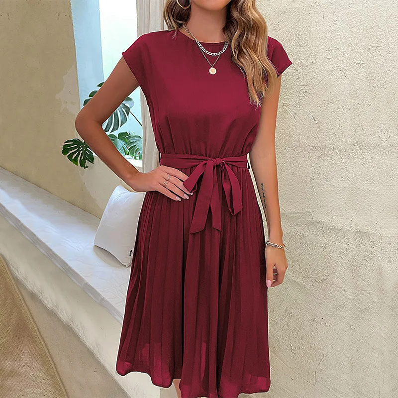 

Women's Dress Short Sleeves High Waist Slimming Belt O-neck Elegant 2025 New Summer Simple Fashion Pleated Midi Skirt