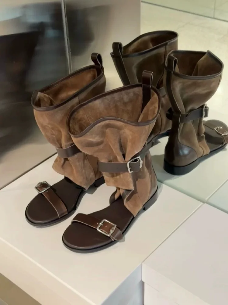

French Vintage Real Leather Belt Buckle Cool Boots Round Head Open-toe Thick Sole Short Boots Fashion Casual Women Roma Sandals
