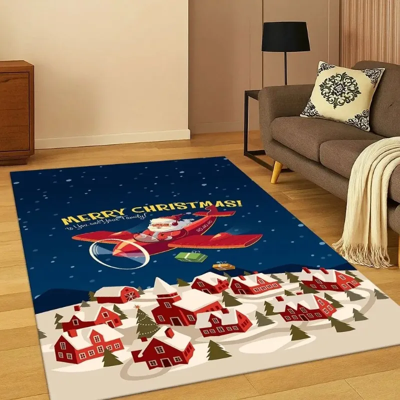 Merry Christmas Theme Carpets Reindeer Santa Claus Pattern Anti-slip Floor Mat for Living Room Festival Home Decor Polyester Rug