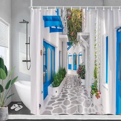 Greek Street Shower Curtains Blue Wooden Door White Architectural Plants Flowers Wall Hanging Bathroom Curtain Decor with Hooks