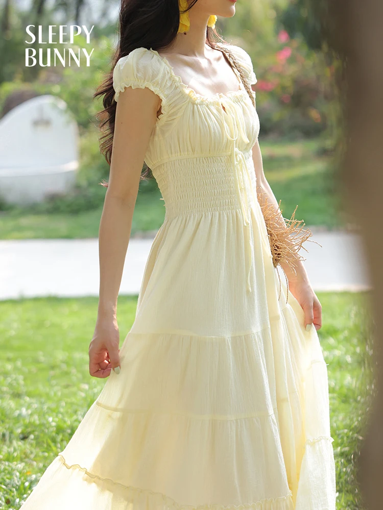 Verão estilo francês vestido de pescoço quadrado para mulheres doce plissado manga cintura alta em camadas bainha maxi vestido de verão fino ajuste saia fluida