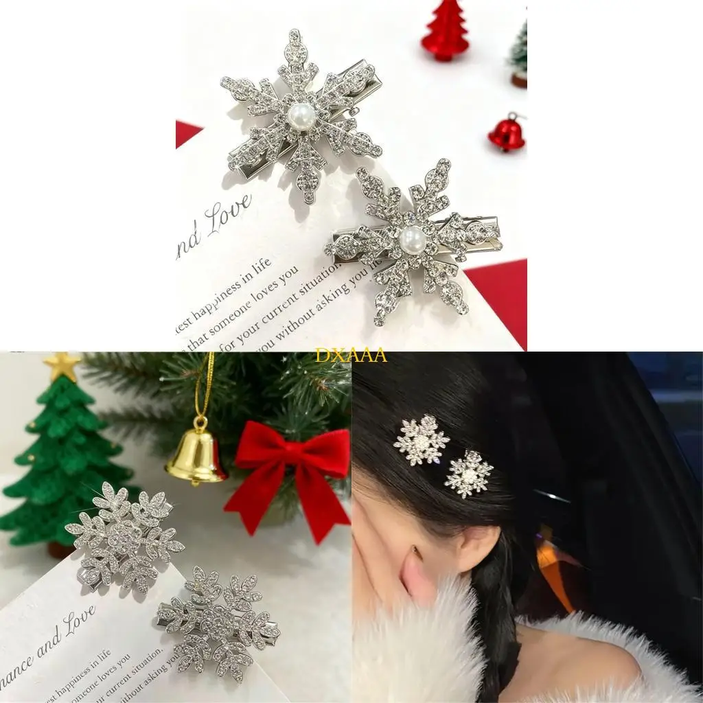 DXAA 6Pcs Christmas Charm Rhinestones Snowflake Hairpin Pearls Accent For Gift Giving