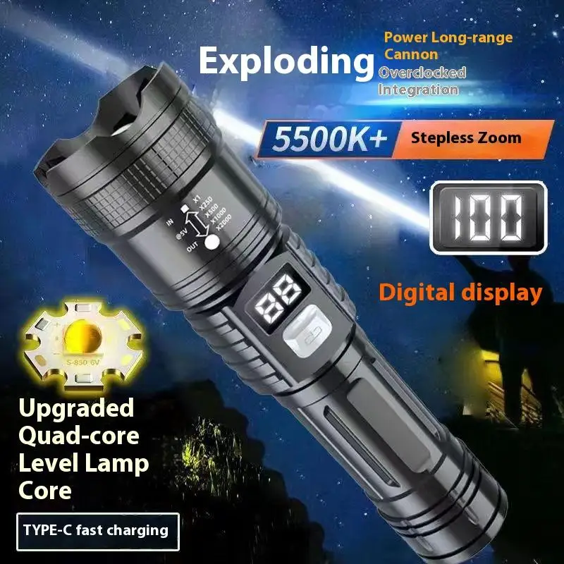 مصباح يدوي عالي الطاقة، شاشة إلكترونية رقمية، مقاومة للماء، تكبير يدوي، فانوس للتخييم في الهواء الطلق #3