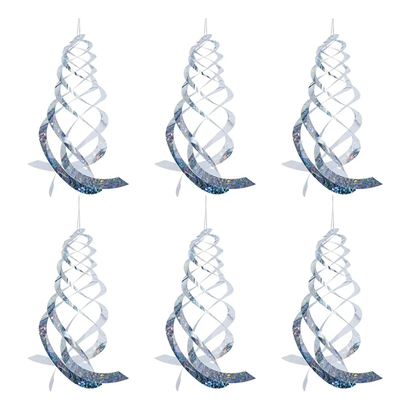 Woodpecker Deterrent Reflective Ornamental Spiral Device, 6Pcs Hanging Bird Scare Devices, Silver Spiral Reflectors Durable