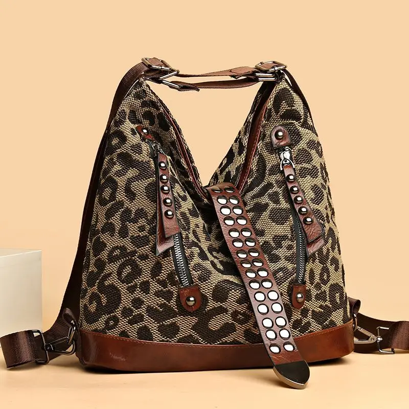 New Fashion Trend Leopard Print Multi-functional Shoulder Messenger Backpack Women's Versatile Large-capacity Travel Backpack